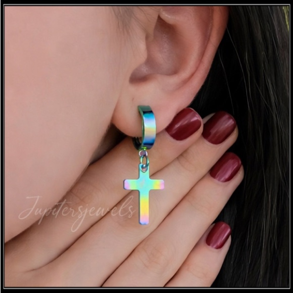 New Iridescent Rainbow Cross Hoop Goth Earrings